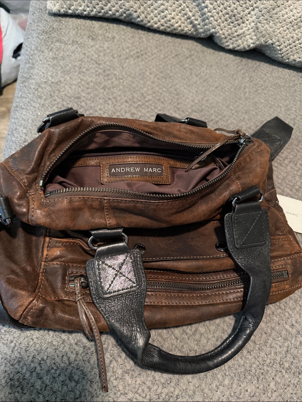 Andrew Marc Brown Leather Messenger Bag with Black Handles